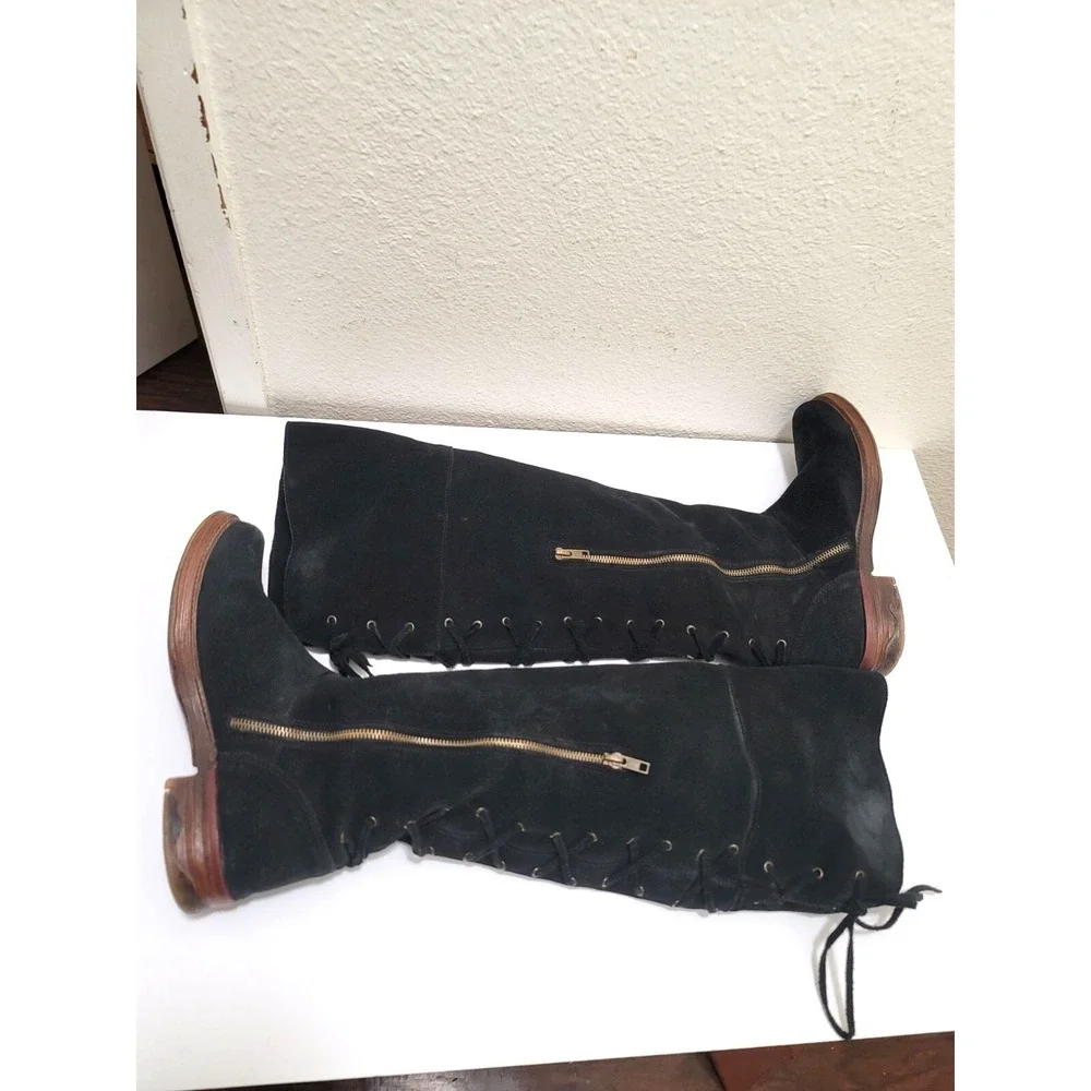 ZiGi Girl Over The Knee Boots Womens Black Suede Lace Up Back Side Zip Tall‎